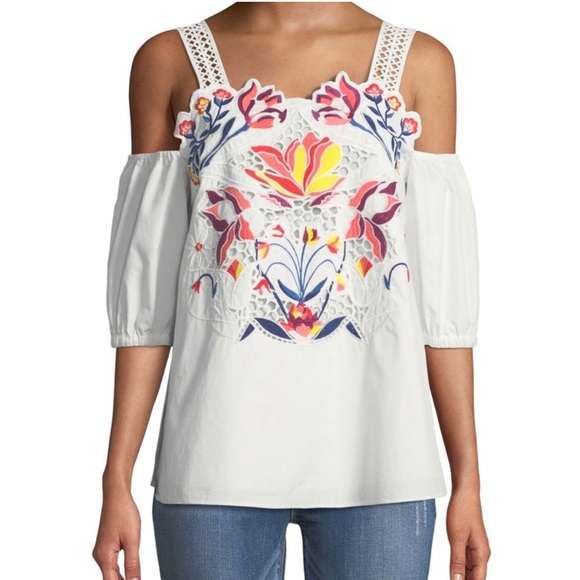 Tanya Taylor Marja Embroidered Floral Cold Shoulder Cotton White Blouse Size 2 - Picture 1 of 8